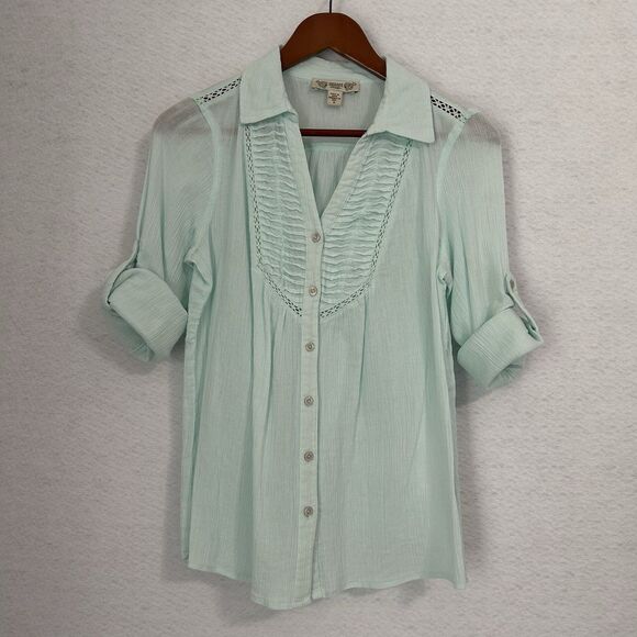 Vintage America Blouse Women S Mint Green Crinkle Pleat Lace Roll Tab Button Up - Picture 11 of 12